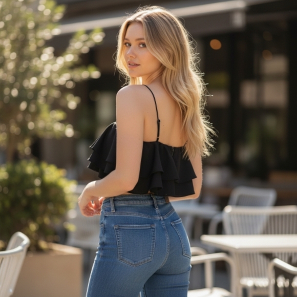 EUC TOPSHOP Sz. 0 Black Ruffled Spagetti Strap Crop Top. - Picture 2 of 7